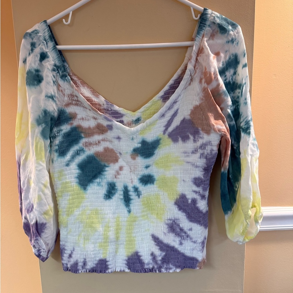 Cleobella Tie-Dye V-Neck Blouse in Purple, Yellow, and Teal